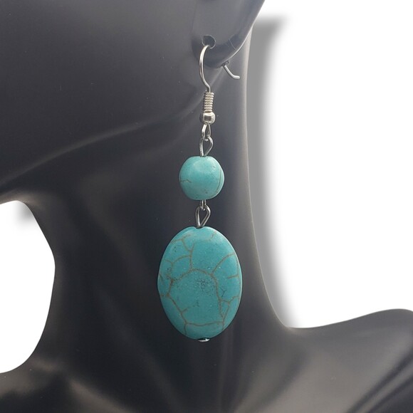 Blue Turquoise Tone Smooth Stone Double Dangle Drop Silver Tone Hook Earrings - Picture 1 of 5